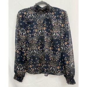 NWT Catherine Malandrino Navy Sheer Floral Mock Neck Blouse Top Womens Size M